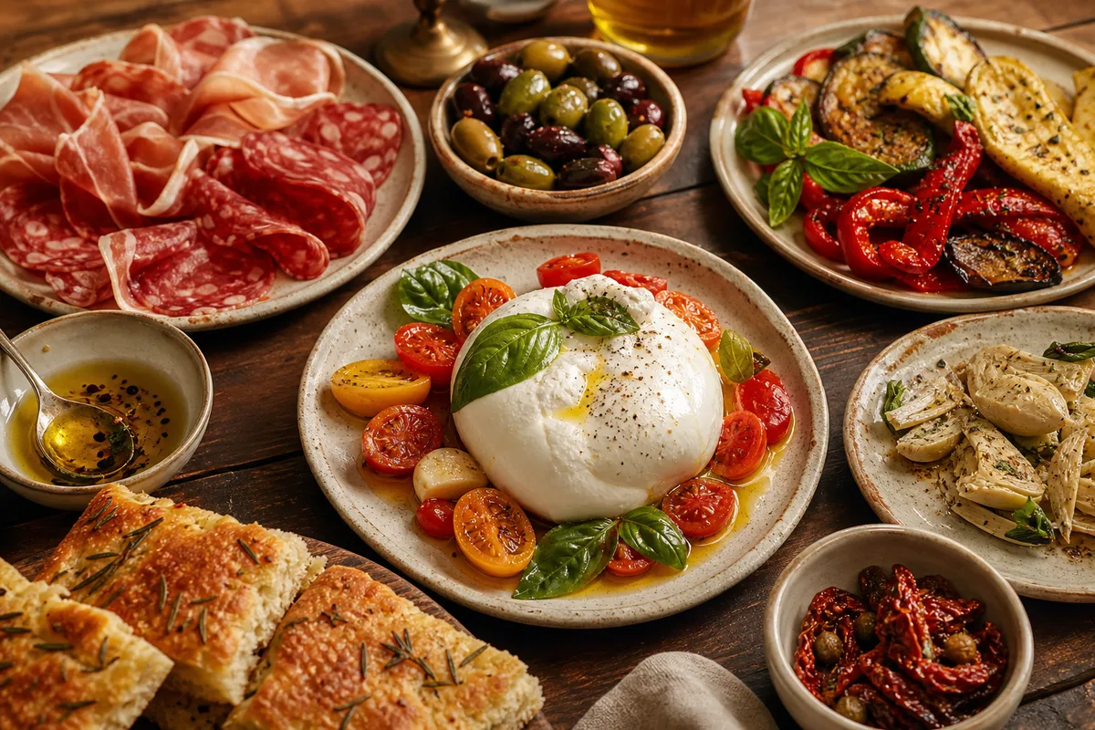 Italian antipasti spread with burrata, olives, vegetables, and focaccia.