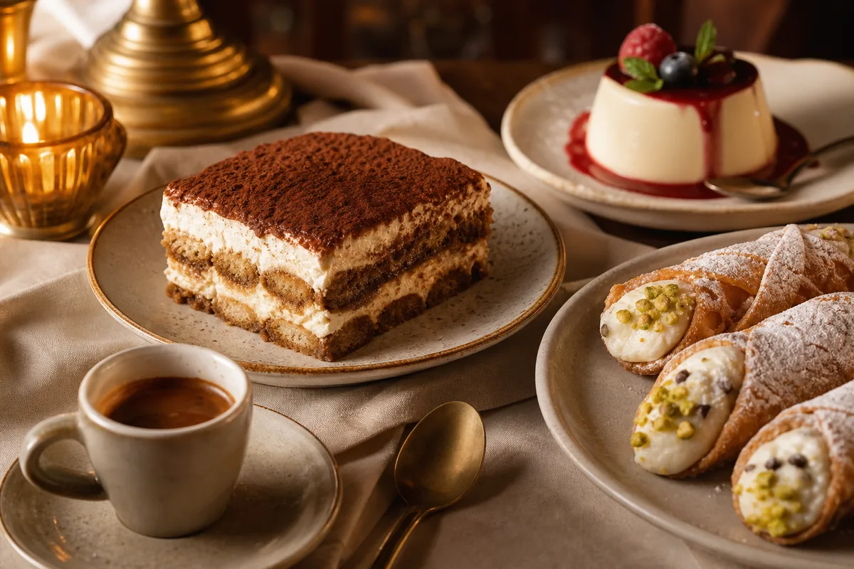 Italian desserts with tiramisu, cannoli, panna cotta, and espresso.
