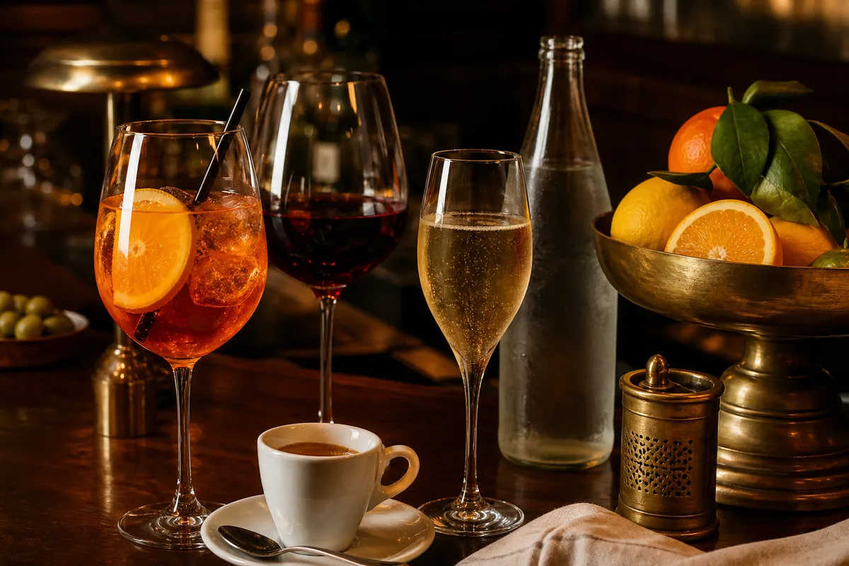 Italian drinks with spritz, wine, espresso, and citrus.