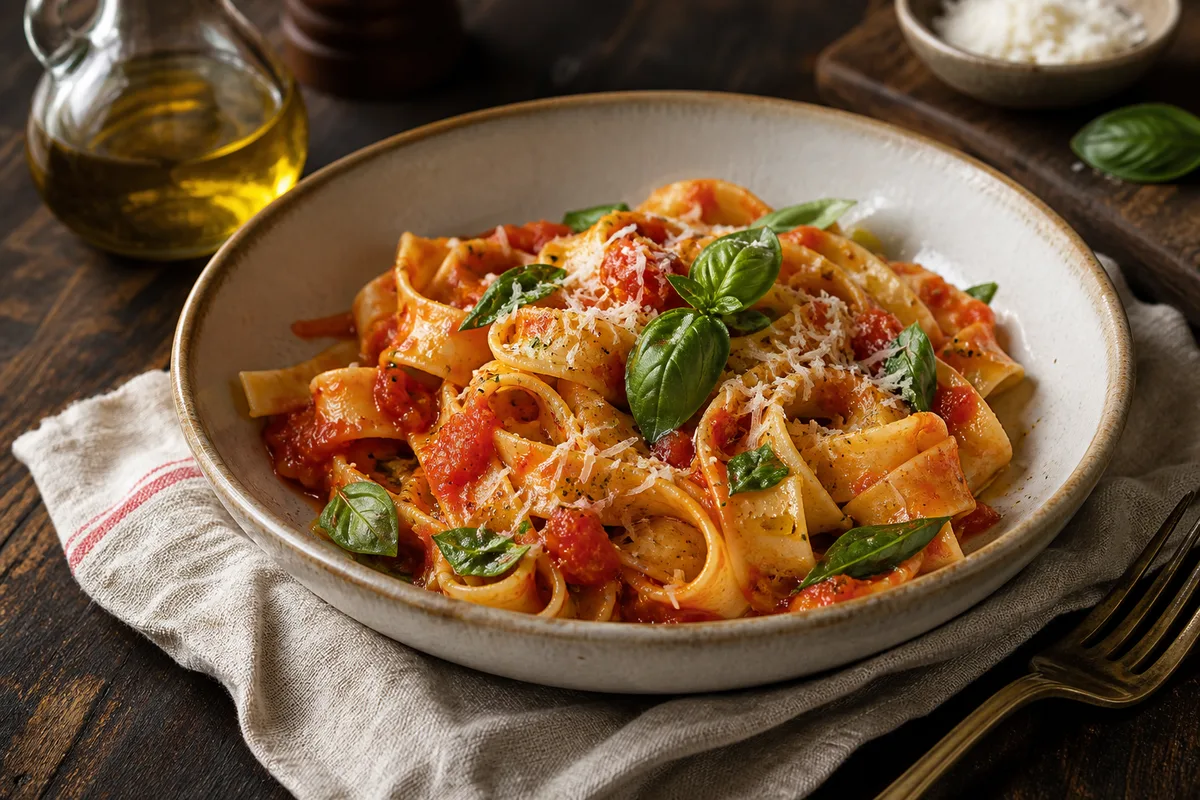 Fresh pasta in tomato sauce with basil and parmesan.