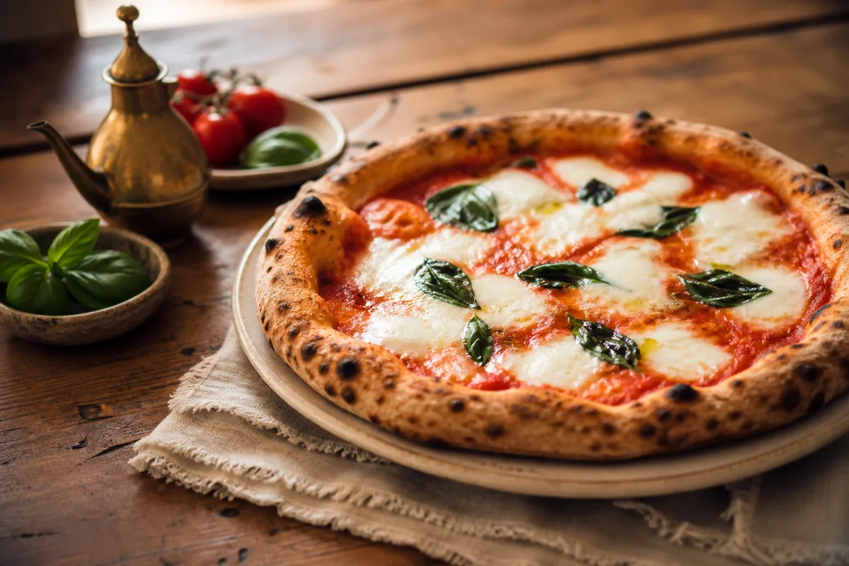 Stone-baked pizza with tomato, mozzarella, basil, and olive oil.